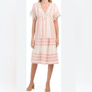 Civico 51 Italy rose cream pom pom midi dress tier short sleeve swimsuit coverup